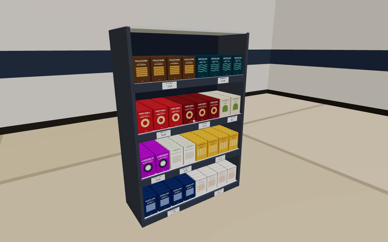 The same shelf rebuilt in 3D, standing in the store