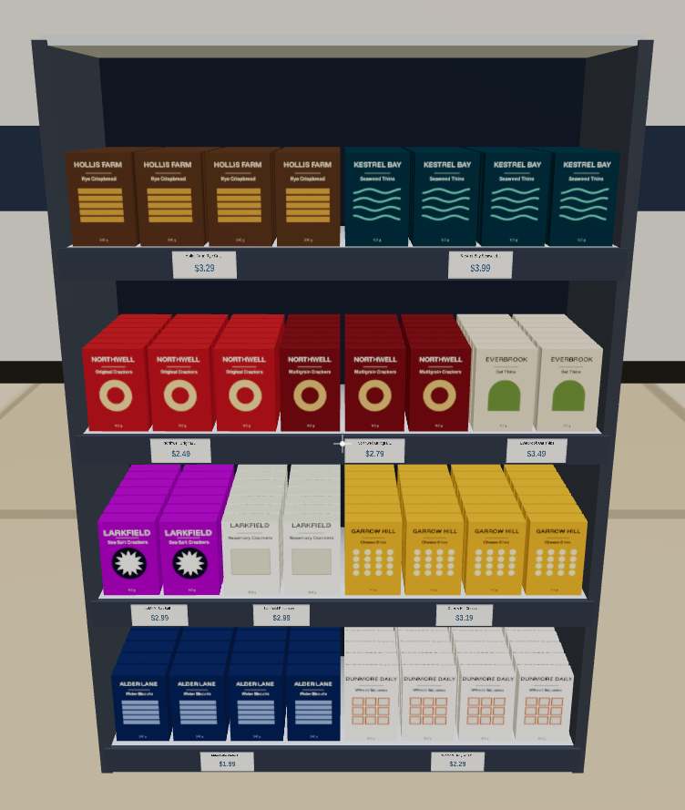 Generated image of the example cracker shelf, seen from the front