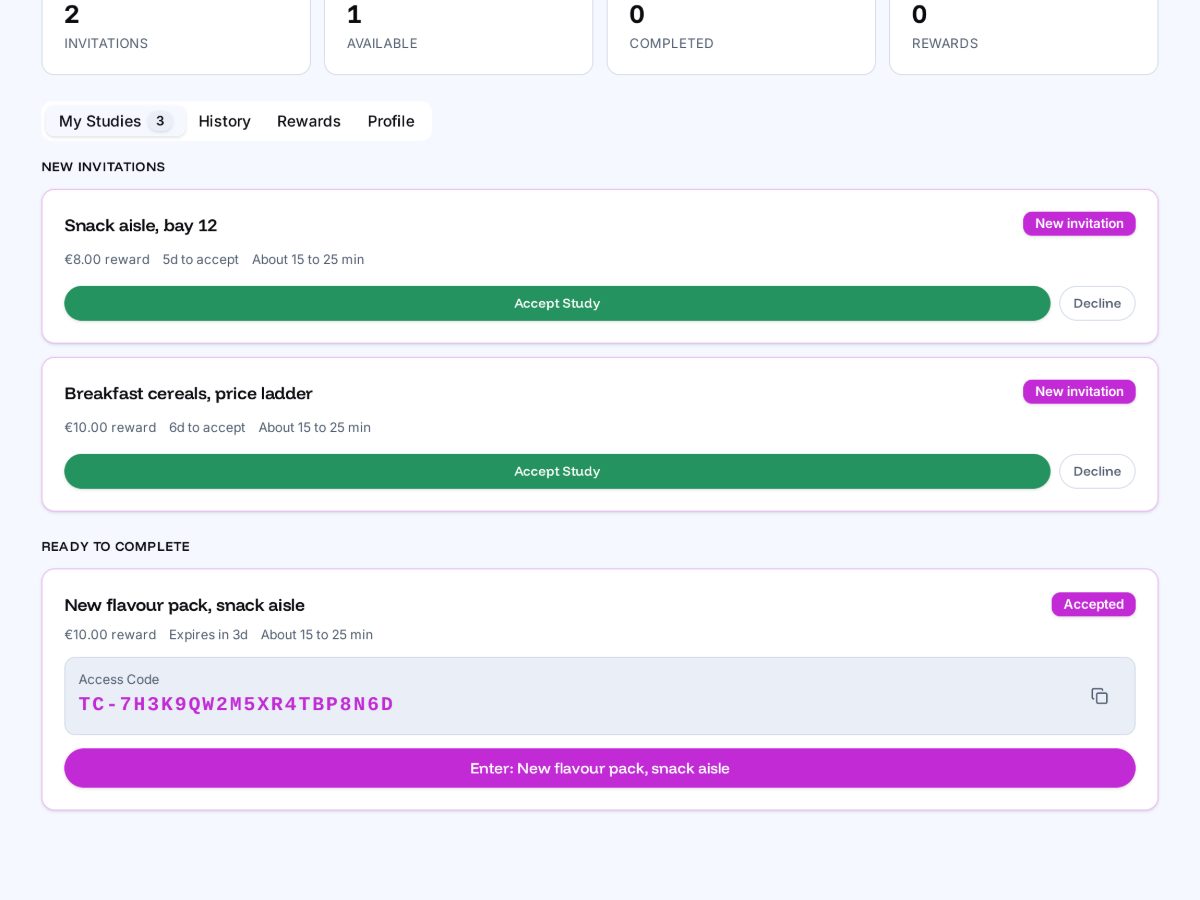 Tester dashboard listing new study invitations with reward, days to accept and expected time