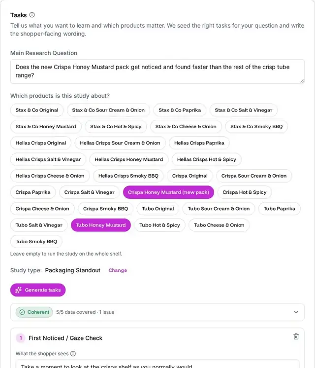 The Tasks step: a research question, the products the study is about, the study type and the Generate tasks button, with the script marked coherent